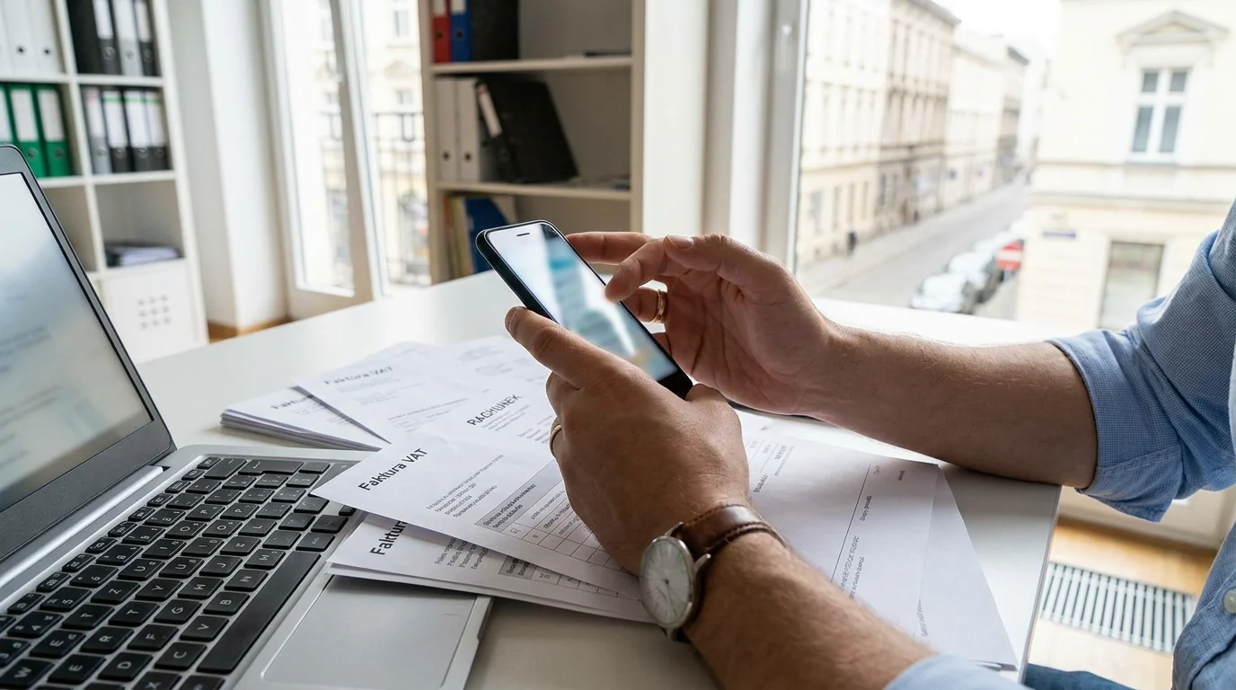 Przedsiębiorca zatwierdza przelew w telefonie nad fakturami od dostawców — split payment i biała lista VAT