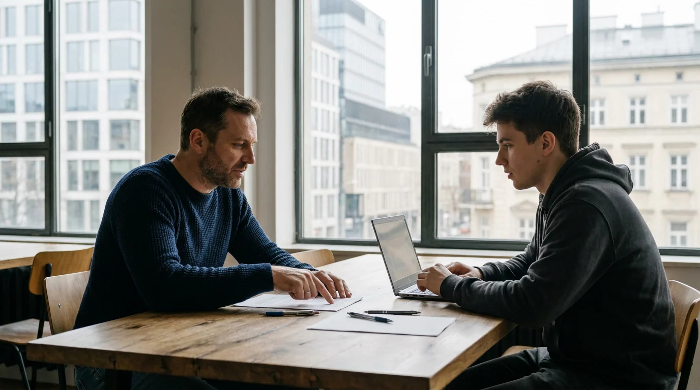 Właściciel firmy i programista omawiają umowę przy stole w coworkingu — umowa o pracę, zlecenie czy B2B